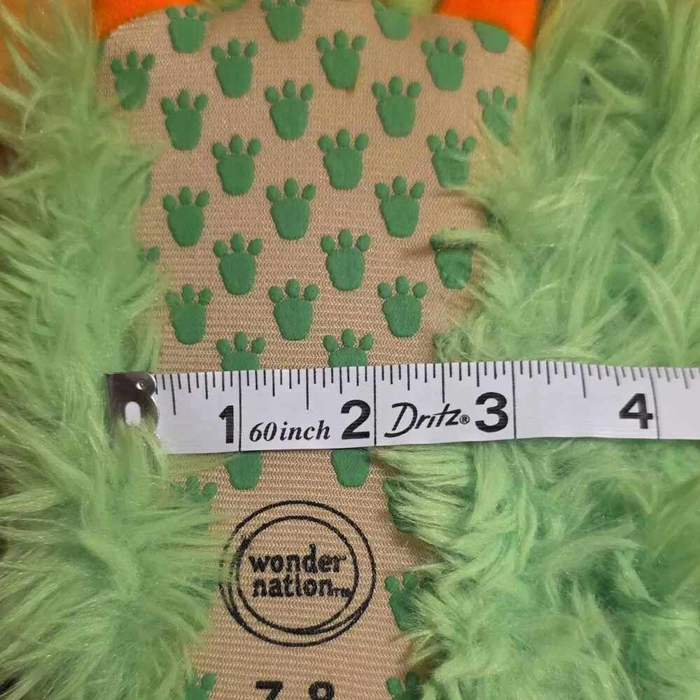Wonder Nation Monster Faux Fur Slippers Green Orange Kids US 7-8 Comfort